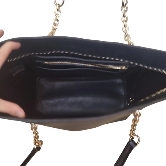 Calvin Klein Hailey Tote Shoulder-Bag Pebbled Leather Black Gold Top Zip Chain - Picture 2 of 6